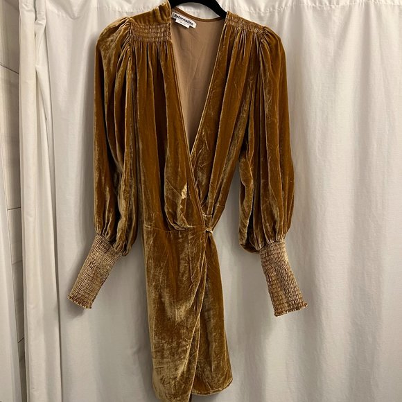 reformation gold velvet dress Reformation Peonie Midi Dress Women's M Gold Velvet Wrap Silk Tie V Slit  Puff